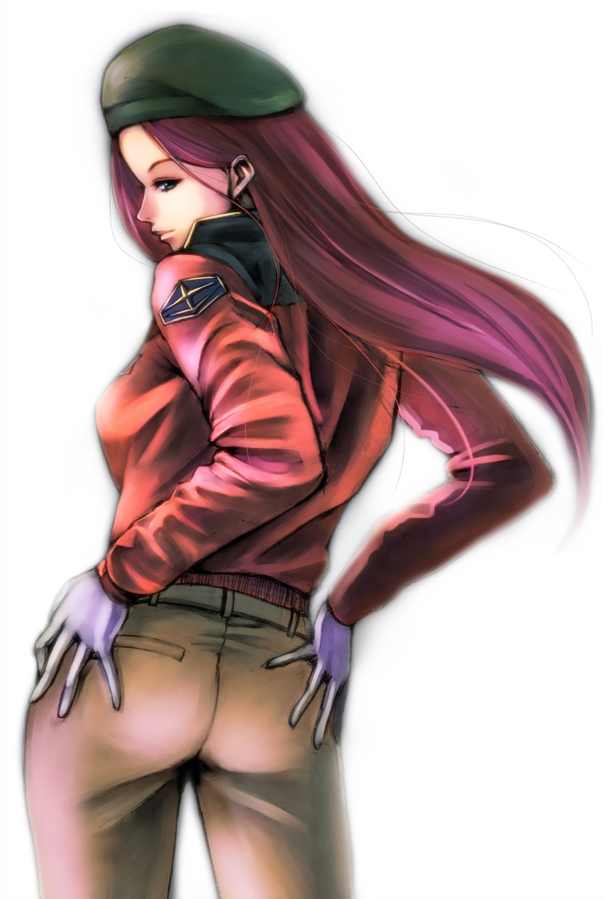 1girl, ass, beret, christina_mackenzie, gloves, green_eyes, gundam, gundam_0080, hands_on_hips, hat, highres, long_hair, looking_back, military, military_uniform, redhead, simple_background, solo, uniform, yu-yu_(quelsunwell)