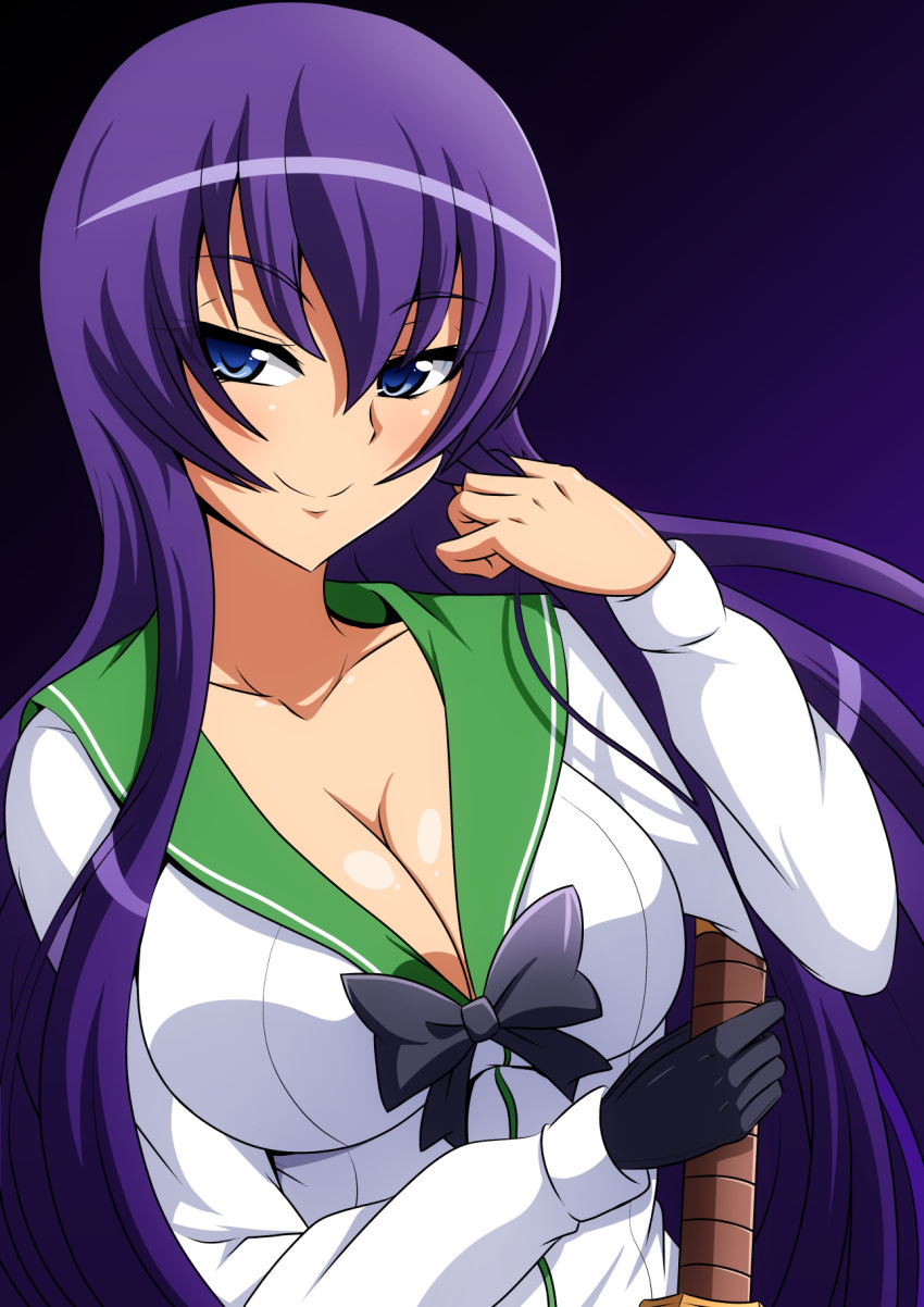 1girl, aokura_shou, blue_eyes, breasts, busujima_saeko, cleavage, gloves, highres