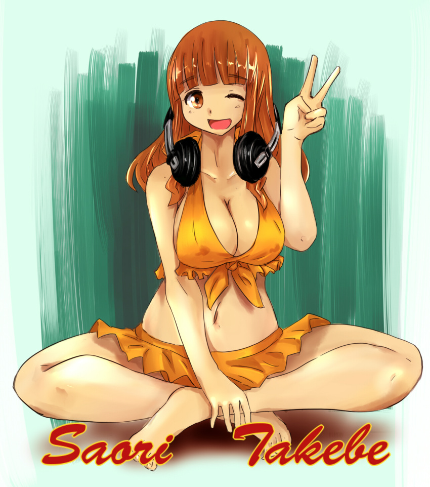 1girl, bikini, bikini_skirt, brown_eyes, brown_hair, character_name, girls_und_panzer, headphones
