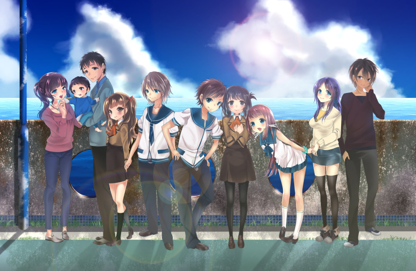5boys, 5girls, highres, hiradaira_chisaki, hisanuma_sayu, isaki_kaname, kihara_tsumugu, mukaido_manaka, multiple_boys, multiple_girls, nagi_no_asukara, ramune_(lamunepop), sailor_dress, sakishima_akari, sakishima_hikari, school_uniform, serafuku, shiodome_akira, shiodome_itaru, shiodome_miuna