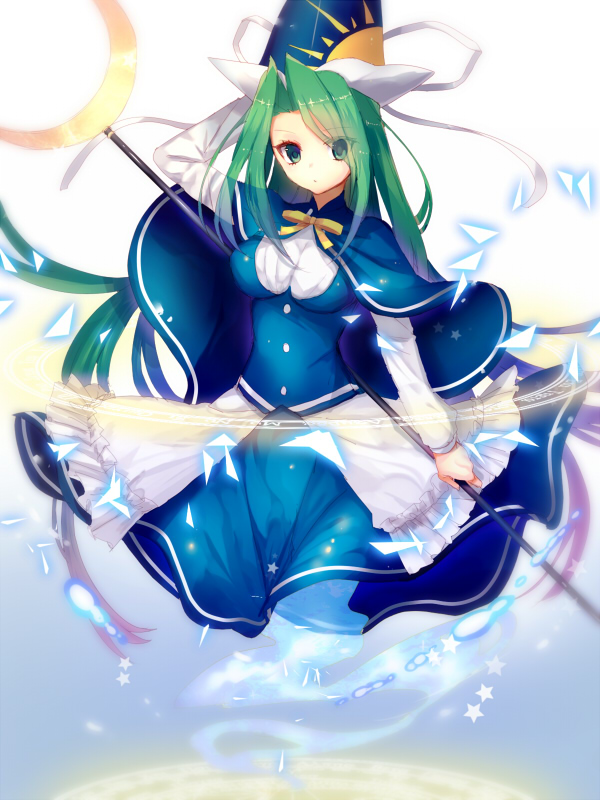 1girl, :o, apron, breasts, cape, crescent, ghost_tail, gradient