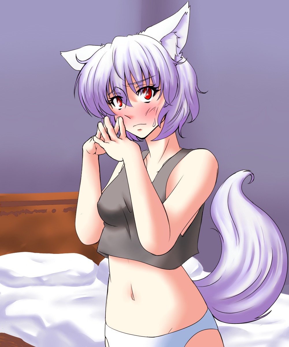 animal_ears, blush, breasts, embarrassed, highres, inubashiri_momiji, kouno_ibuki, looking_at_viewer