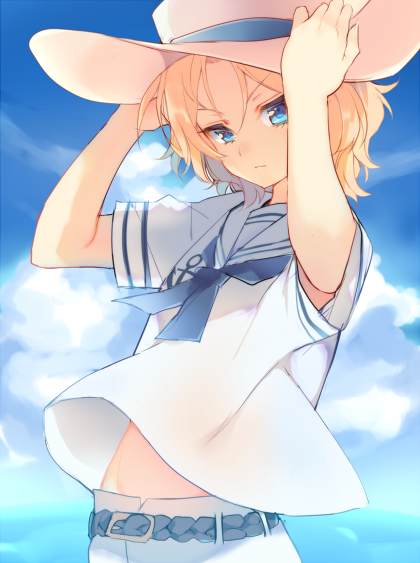 1boy, anchor, belt, blonde_hair, blue_eyes, gilbert_(majin_bone), hat, majin_bone, male, mayachi_(amuriya), solo