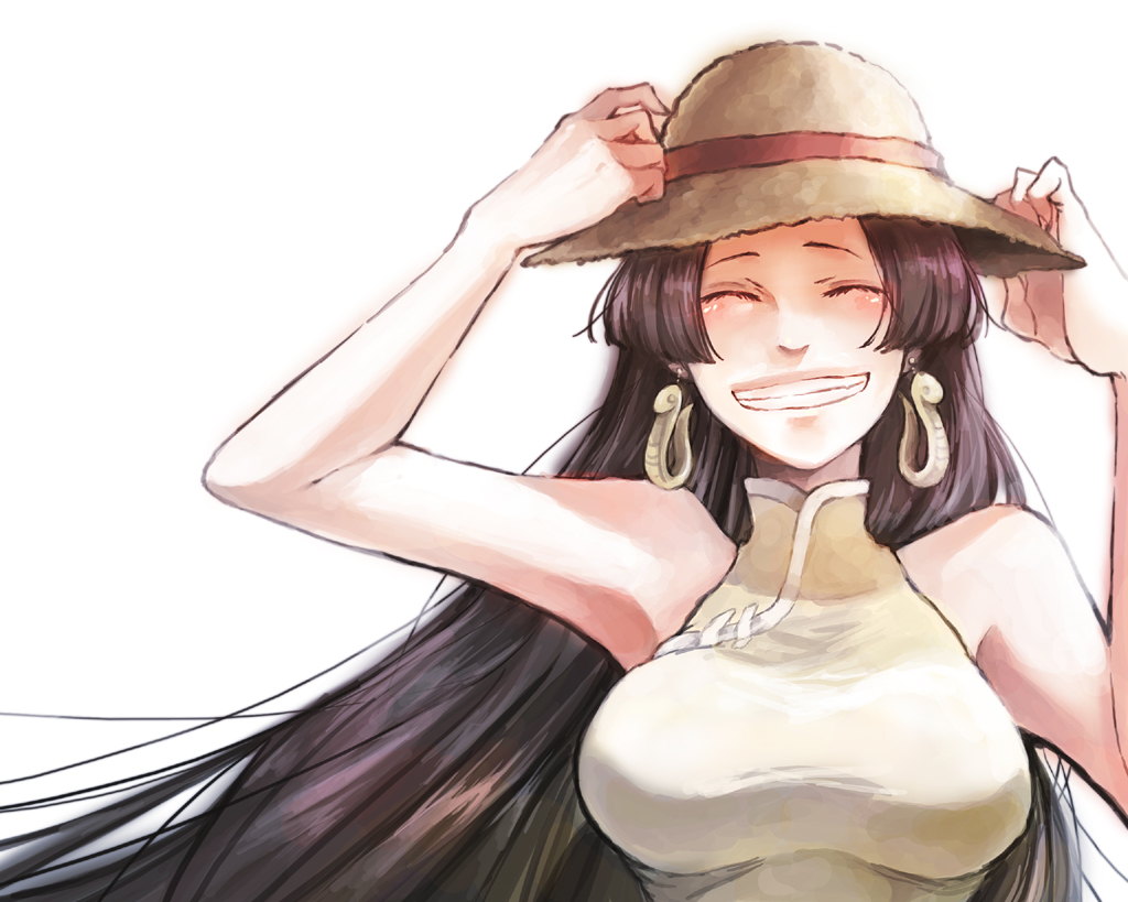 boa_hancock, china_dress, chinadress, chinese_clothes, closed_eyes, earrings, grin, happy, hat, jewelry, lakuen, long_hair, one_piece, smile, straw_hat, vaayunto_yuuki