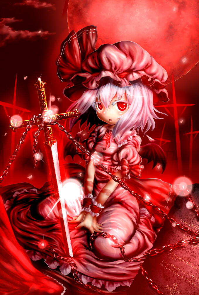 chain, chains, hat, lavender_hair, mondo, red_eyes, remilia_scarlet, short_hair