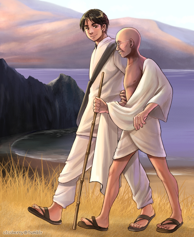 2boys, axis_powers_hetalia, black_eyes, black_hair, bold, civilization_5, crossover, gandhi