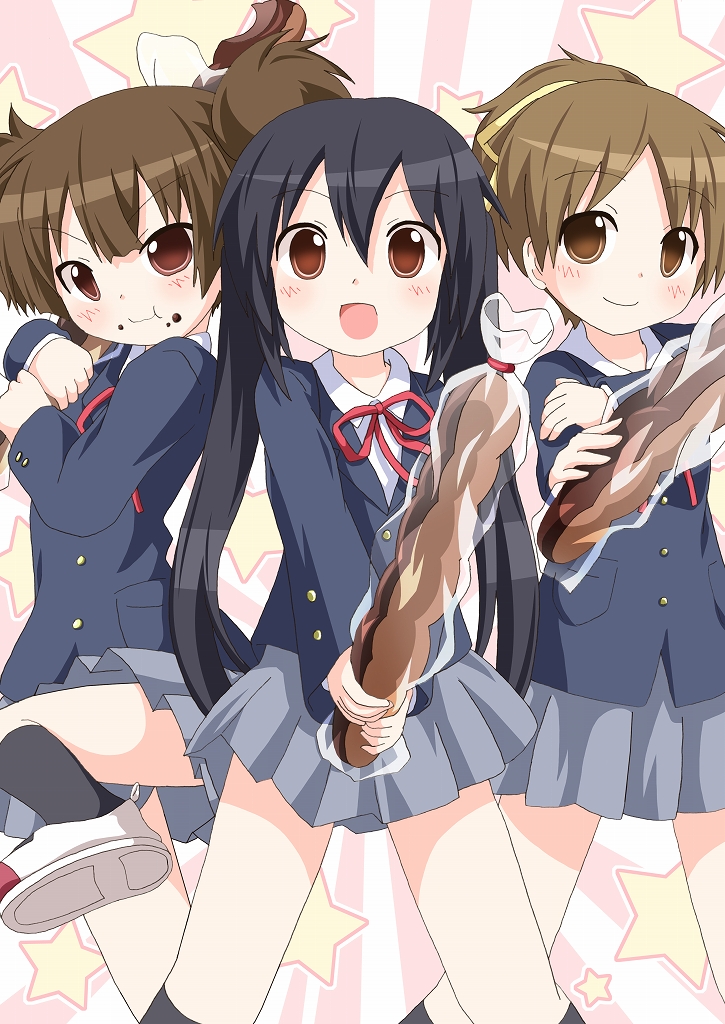 3girls, black_hair, bread, brown_eyes, brown_hair, food, hirasawa_ui, k-on!, kagerou_(kers), long_hair, multiple_girls, nakano_azusa, ponytail, pose, school_uniform, short_hair, suzuki_jun, twintails