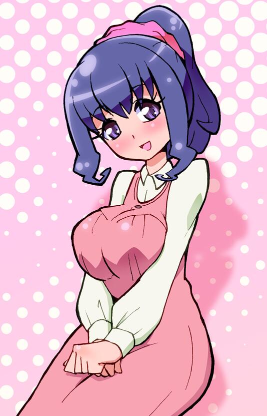 1girl, breasts, dress, iruka-margarine, minamino_misora, pink_background, pink_dress, ponytail