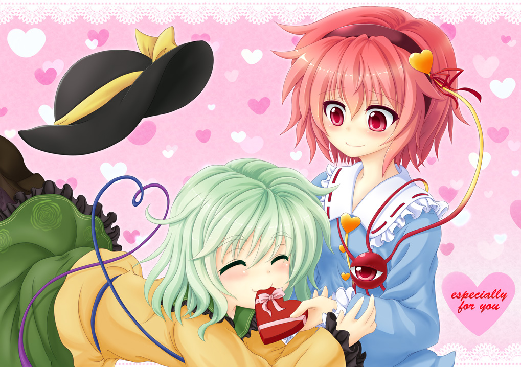 :3, ^_^, closed_eyes, green_eyes, green_hair, hairband, hat, hat_removed