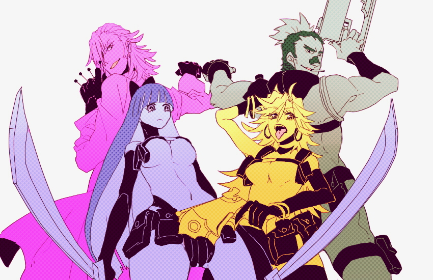 2boys, 2girls, back-to-back, bandaid, bandaid_on_nose, bangle, bangs, blunt_bangs
