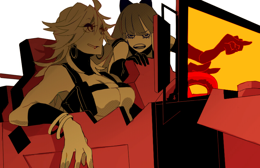 2girls, ahoge, armpit_holster, beltbra, bow, breasts, car, cleavage, con_pota, creator_connection, driving, earrings, elbow_gloves, gloves, hair_bow, holster, hoop_earrings, jewelry, kill_la_kill, large_breasts, long_hair, motor_vehicle, multiple_girls, nudist_beach_uniform, panty_&amp;_stocking_with_garterbelt, panty_(psg), see-through_(psg), single_elbow_glove, spot_color, stocking_(psg), under_boob, vehicle