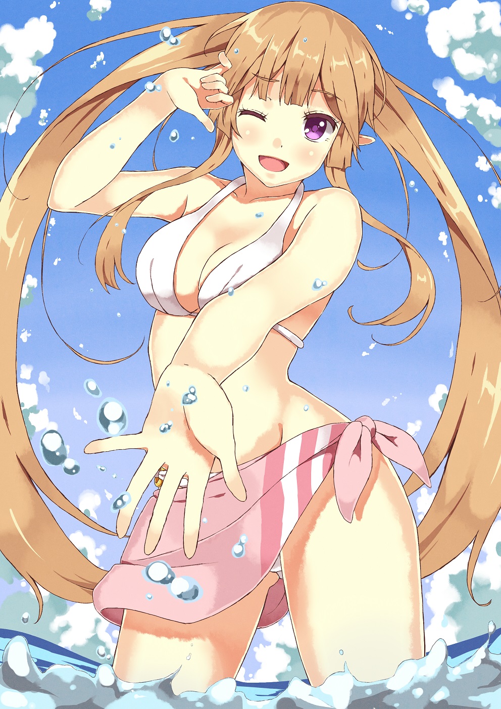1girl, alternate_costume, bikini, breasts, brown_hair, elf, feet_in_water, highres