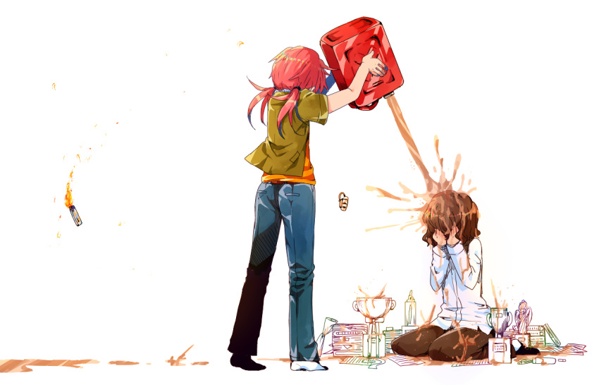 2boys, brown_hair, gas_can, gasoline, inazuma_eleven_(series), inazuma_eleven_go, kirino_ranmaru, lighter, long_hair, male, miyachu, multiple_boys, pink_hair, shindou_takuto, sitting, standing, twintails, white_background