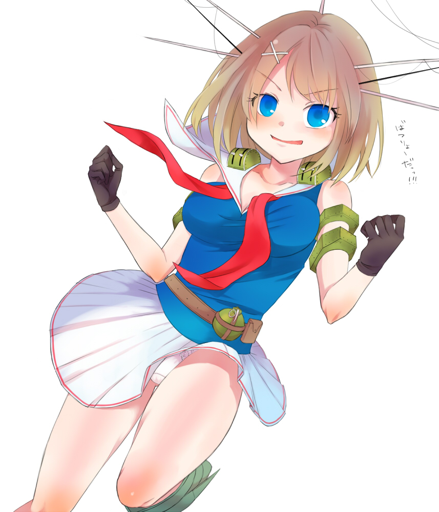 1girl, ayamoto, blue_eyes, breasts, brown_hair, gloves, hair_ornament, headgear