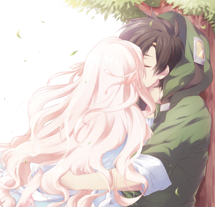 1boy, 1girl, closed_eyes, couple, hair_ribbon, hetero, hoodie, kagerou_project, kiss, kozakura_mary, leaf, long_hair, reano, ribbon, seto_kousuke, short_hair, tree