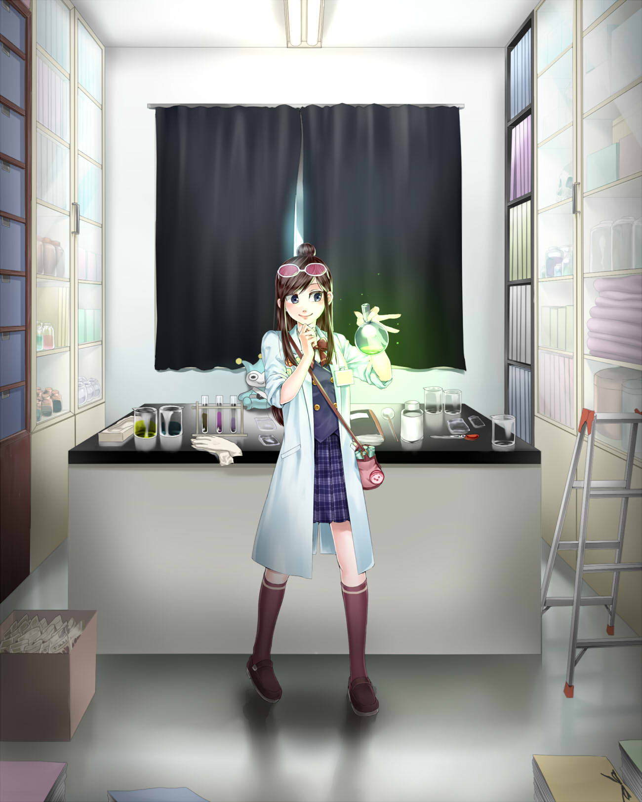 1girl, bag, blue_badger, bowtie, brown_eyes, brown_hair, cup, full_body