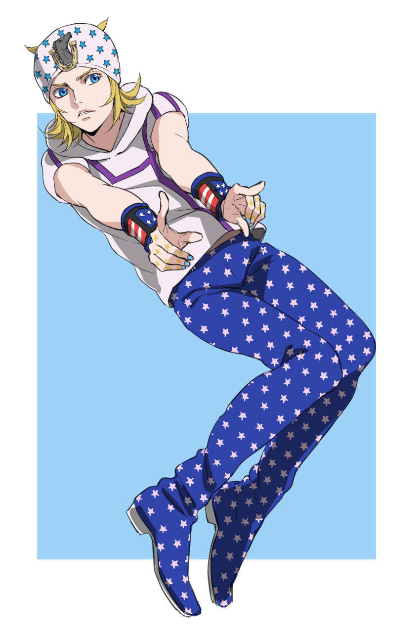 1boy, blonde_hair, blue_eyes, hat, highres, johnny_joestar, jojo_no_kimyou_na_bouken, pointing