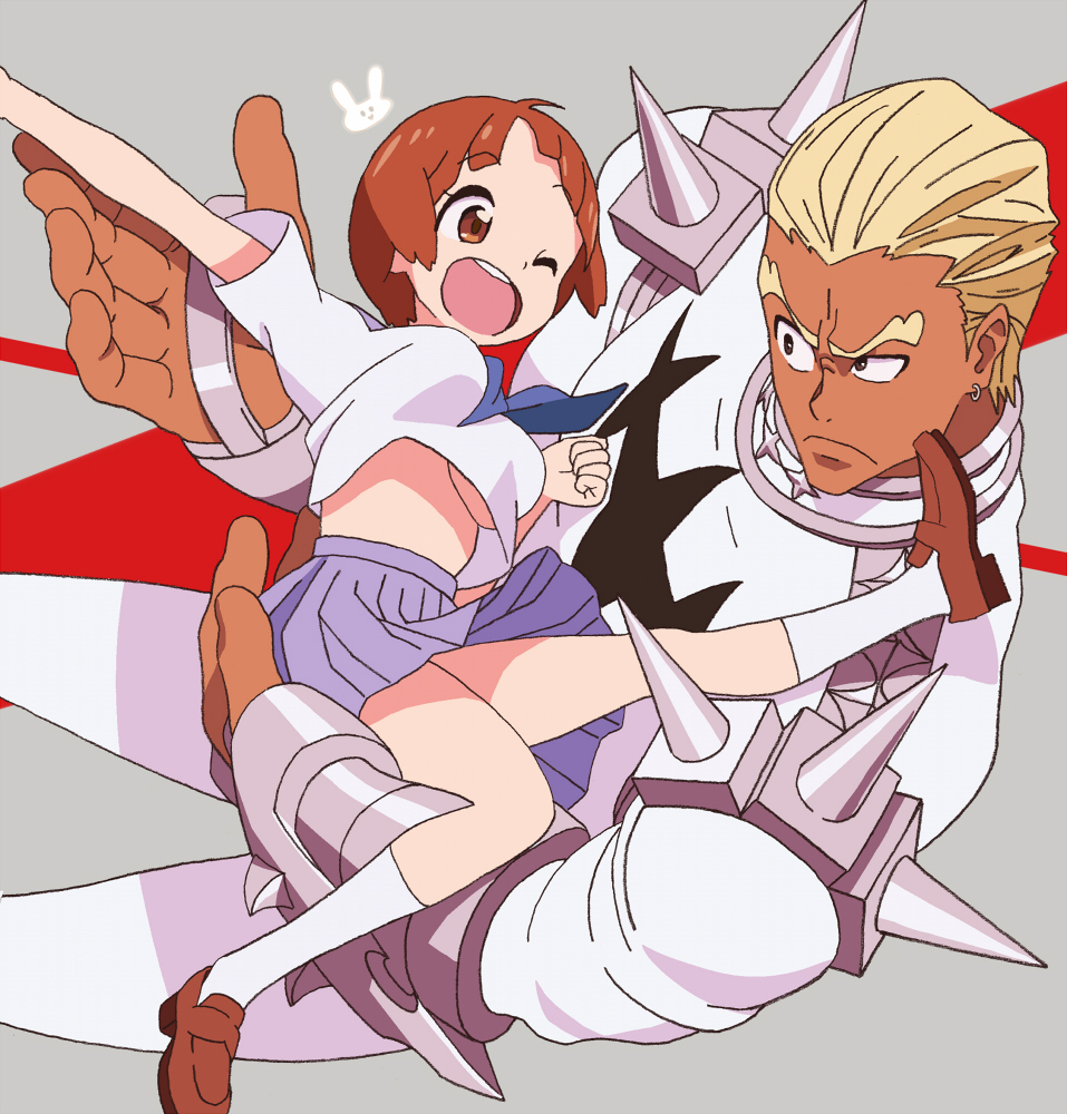 1boy, 1girl, blonde_hair, breasts, brown_hair, gamagoori_ira, kill_la_kill, mankanshoku_mako