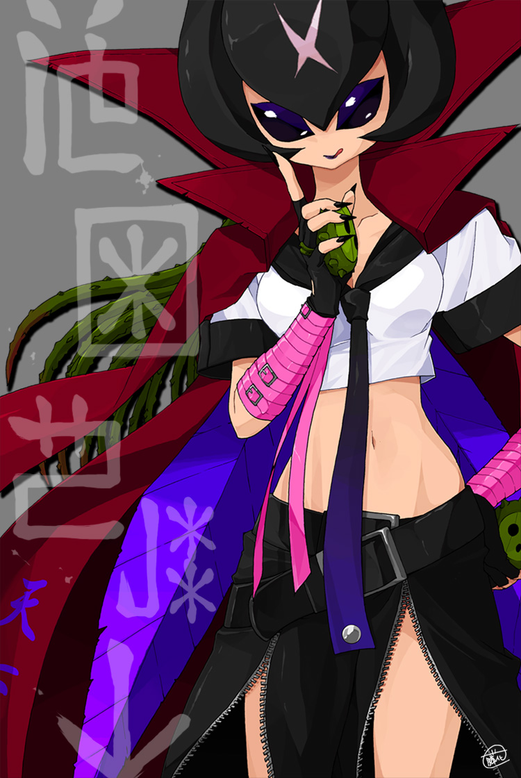 1girl, banchoulilimon, belt, black_eyes, breasts, buckle, cape, cleavage, digimon, fingerless_gloves, fingernails, gloves, hand_on_hip, leaf, licking_lips, lipstick, makeup, midriff, navel, no_humans, scar, school_uniform, sharp_fingernails, signature, solo, thorns, unzipped, vanilla1034, vines, wings, yo-yo, zipper
