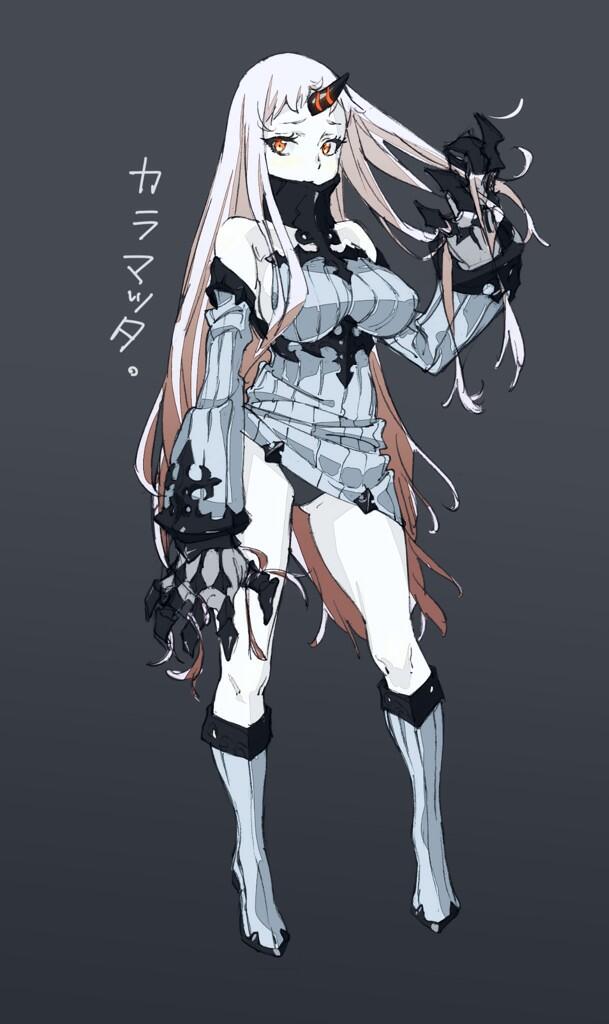 1girl, bare_shoulders, blush, breasts, claws, detached_sleeves, dress, horn
