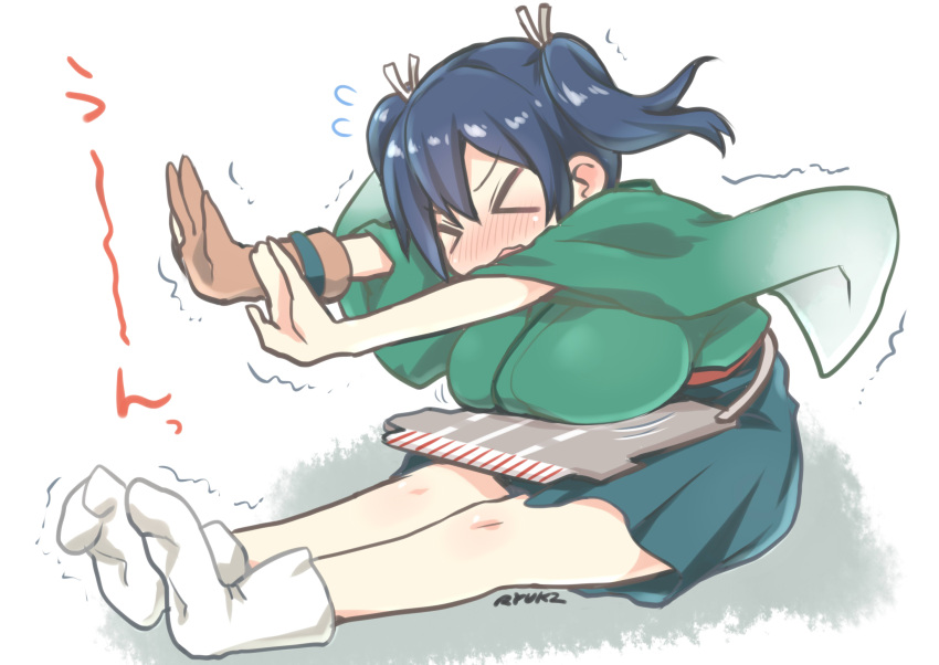 >_<, 1girl, blue_hair, blush, breast_rest, breasts, brown_gloves, flight_deck