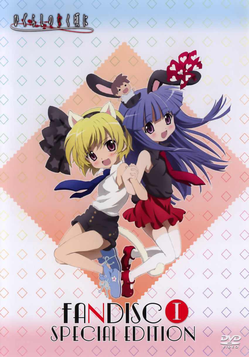 blonde_hair, blue_hair, blush, bow, flat_chest, higurashi_no_naku_koro_ni, loli, long_hair