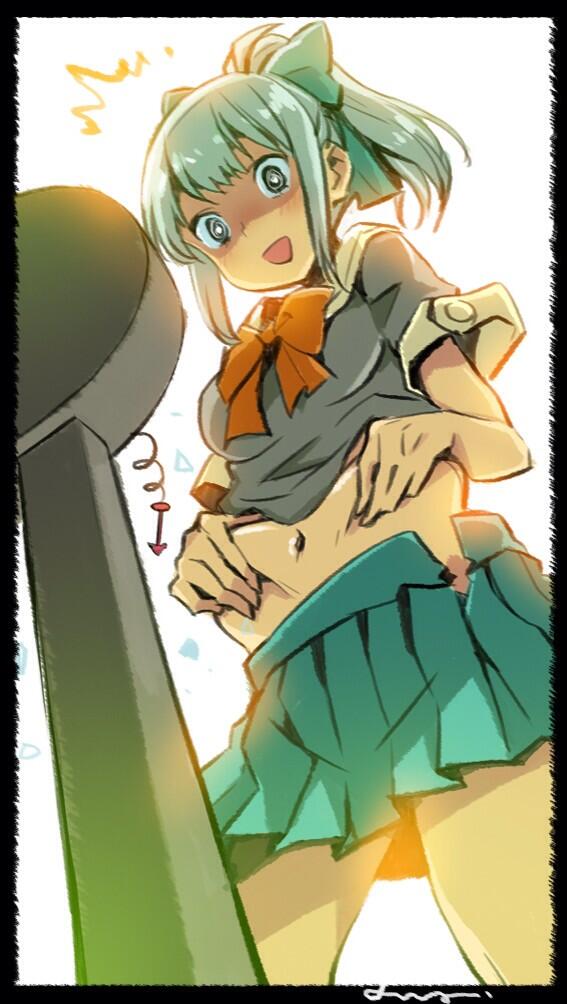/\/\/\, 1girl, :d, belly_grab, bow, hair_bow, kantai_collection, midriff