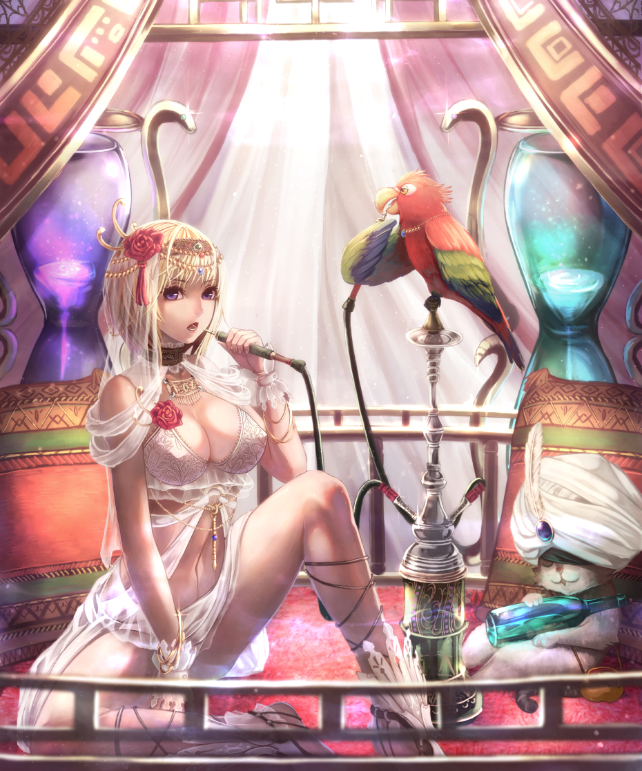 1girl, bird, blonde_hair, breasts, cleavage, hookah, jewelry, large_breasts