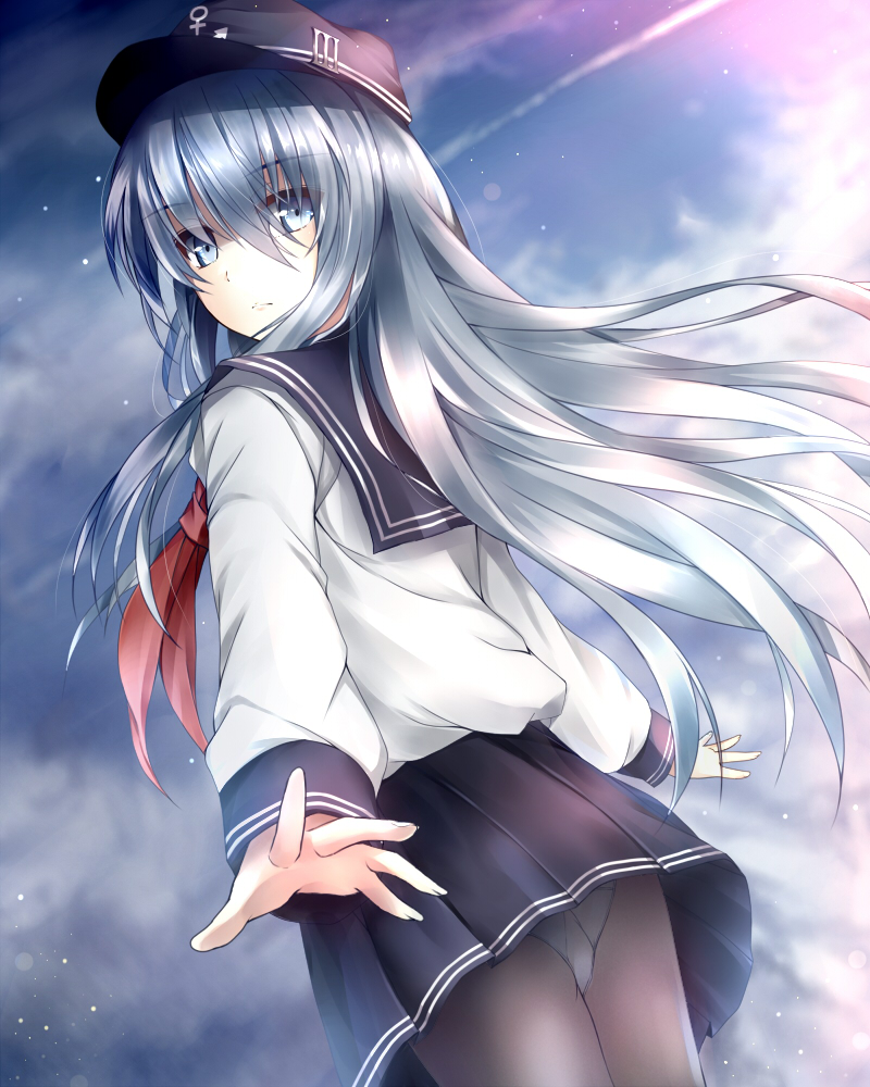 1girl, blue_eyes, clock_(clockart), hat, hibiki_(kantai_collection), kantai_collection, long_hair, looking_at_viewer