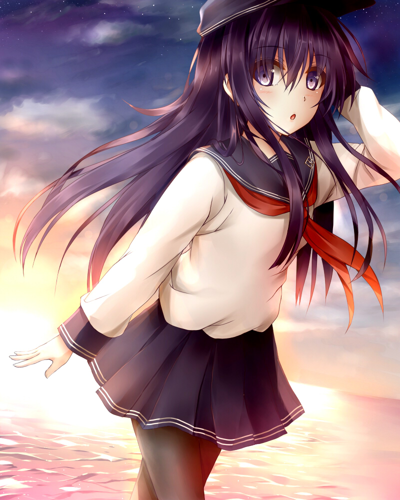 1girl, akatsuki_(kantai_collection), clock_(clockart), hat, kantai_collection, long_hair, long_sleeves, looking_at_viewer