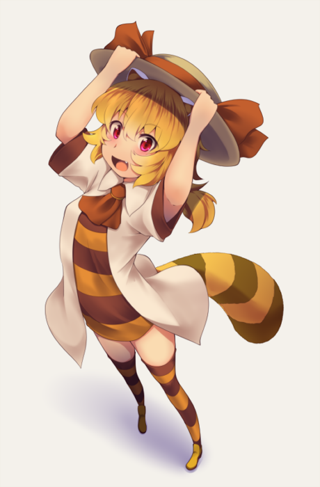 1girl, animal_ears, blonde_hair, kiyomiya_hikari, kuromiya, long_hair, original, raccoon_tail, red_eyes, short_hair, solo, striped, striped_legwear, tail, thigh-highs