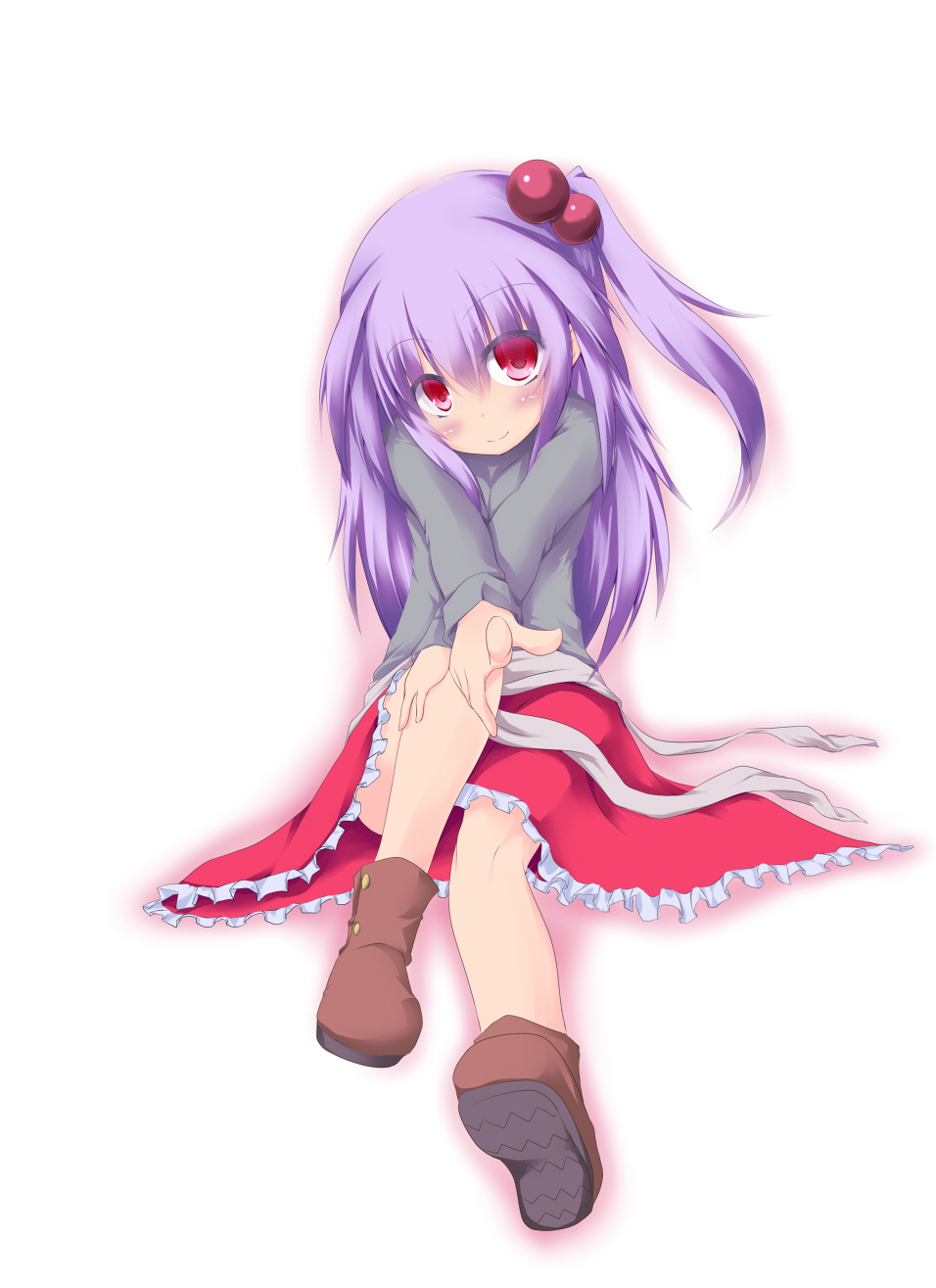 1girl, frilled_skirt, frills, hand_on_knee, highres, killing, long_hair, looking_at_viewer, purple_hair, red_eyes, shinki, shirt, side_ponytail, sitting, skirt, smile, touhou, touhou_(pc-98)