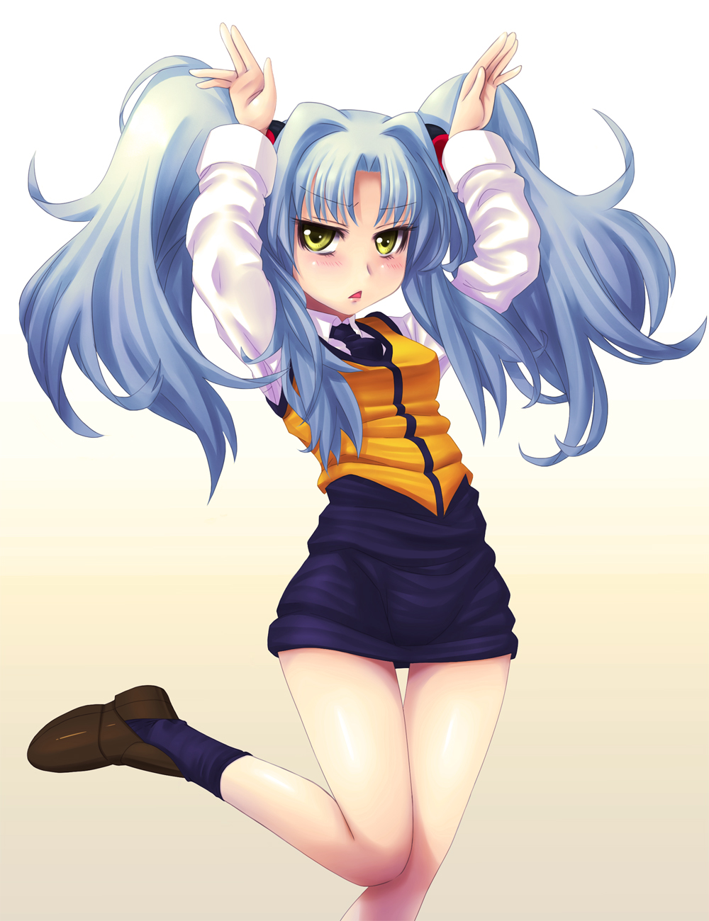 1girl, blue_hair, blush, bunny_pose, ebi_tendon, highres, hoshino_ruri, kidou_senkan_nadesico
