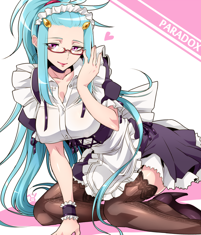1girl, alternate_costume, arai_nobu, blue_hair, breasts, character_name, enmaided, gemini_paradox