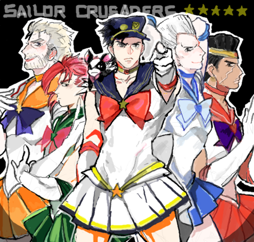 5boys, artist_request, bishoujo_senshi_sailor_moon, black_background, copyright_name, cosplay, crossdressinging, crossover