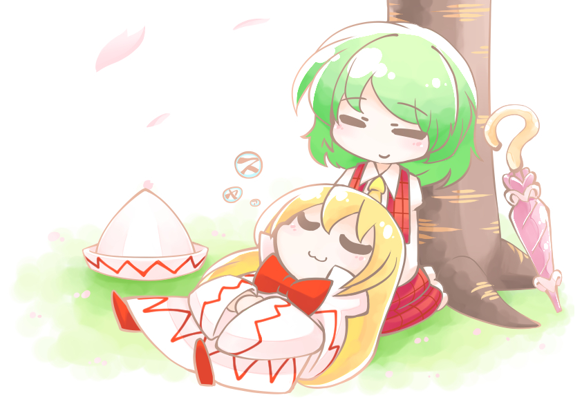 2girls, :3, b-q, blonde_hair, chibi, closed_eyes, dress, grass