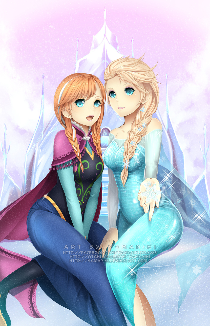 2girls, :d, anna_(frozen), blonde_hair, blue_eyes, braid, cape, dress