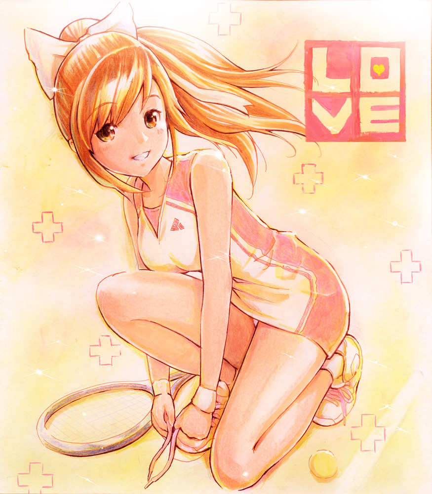 blonde_hair, bow, colored_pencil_(medium), grin, hair_bow, heart, love_plus, mayo_riyo, one_knee, panties, pantyshot, ponytail, racket, shoe_tying, shoes, smile, sneakers, solo, sparkle, sportswear, squatting, takane_manaka, tennis, tennis_racket, tennis_uniform, traditional_media, underwear, yellow_eyes