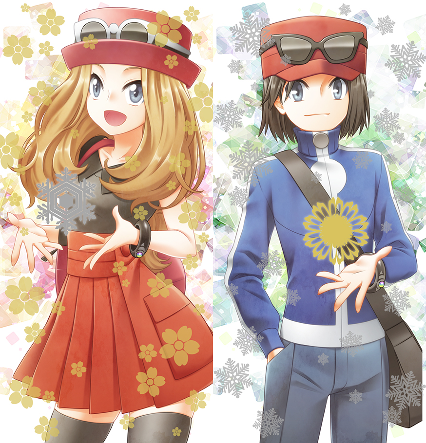 1boy, 1girl, :d, azrain, bag, black_legwear, blonde_hair, blue_eyes
