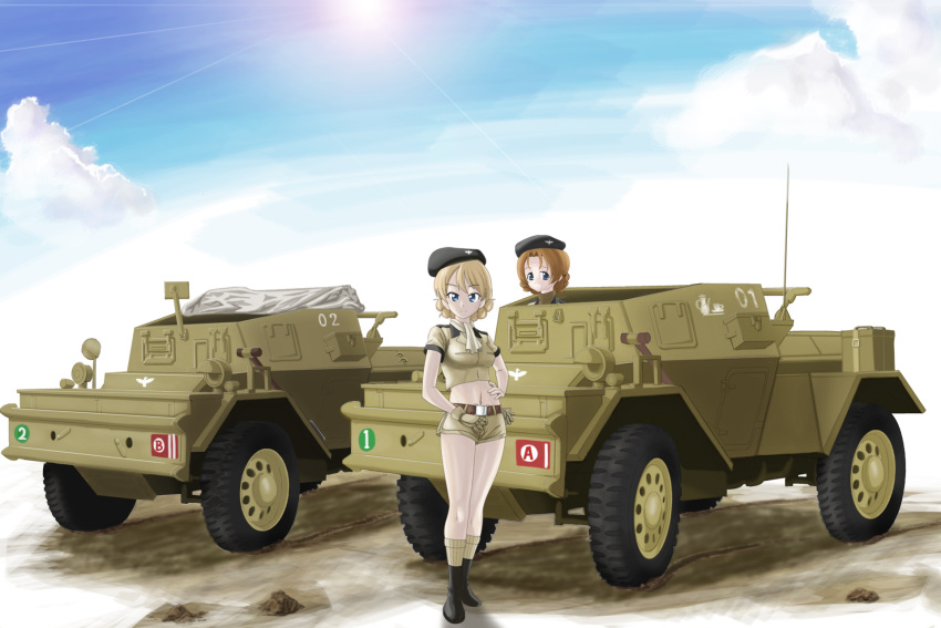 2girls, alternate_costume, armored_vehicle, belt, beret, blonde_hair, blue_eyes, boots