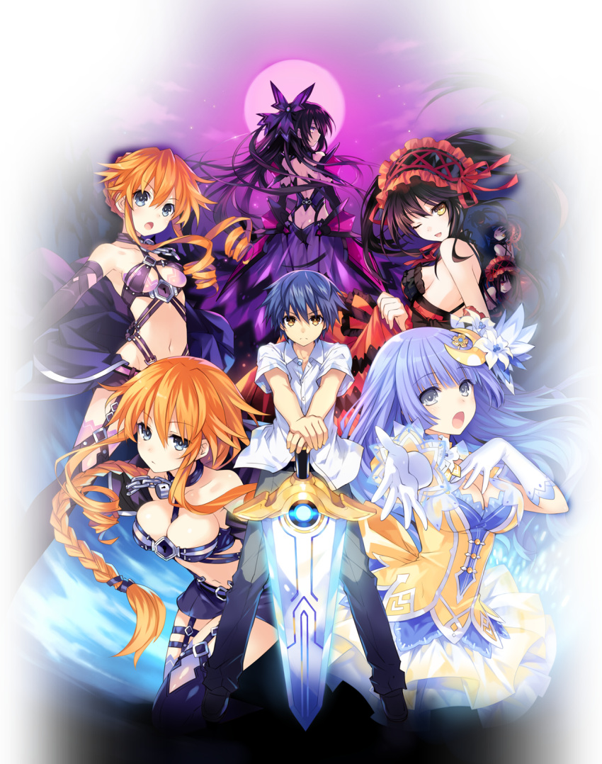 1boy, 5girls, ;d, ass, black_hair, blue_eyes, blue_hair, bondage_outfit, breasts, cleavage, date_a_live, dress, flag, full_moon, highres, itsuka_shidou, izayoi_miku, moon, multiple_girls, official_art, one_eye_closed, open_mouth, orange_hair, ponytail, purple_hair, smile, sword, tagme, tokisaki_kurumi, tsunako, weapon, white_flag, wink, yamai_kaguya, yamai_yuzuru, yatogami_tooka, yellow_eyes