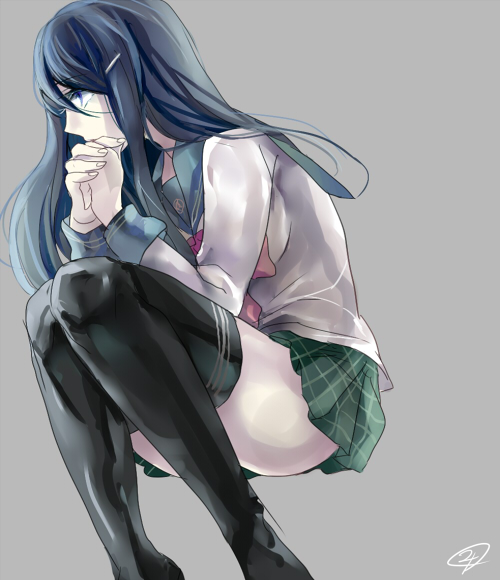 1girl, black_legwear, blue_hair, dangan_ronpa, dennbadennba0105, grey_background, hair_ornament, hairclip