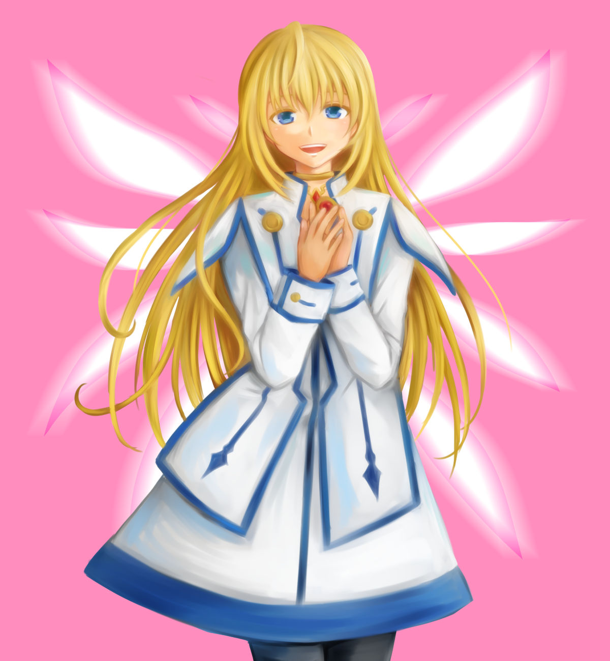 1girl, :d, black_legwear, blonde_hair, blue_eyes, collet_brunel, dress, hands_clasped