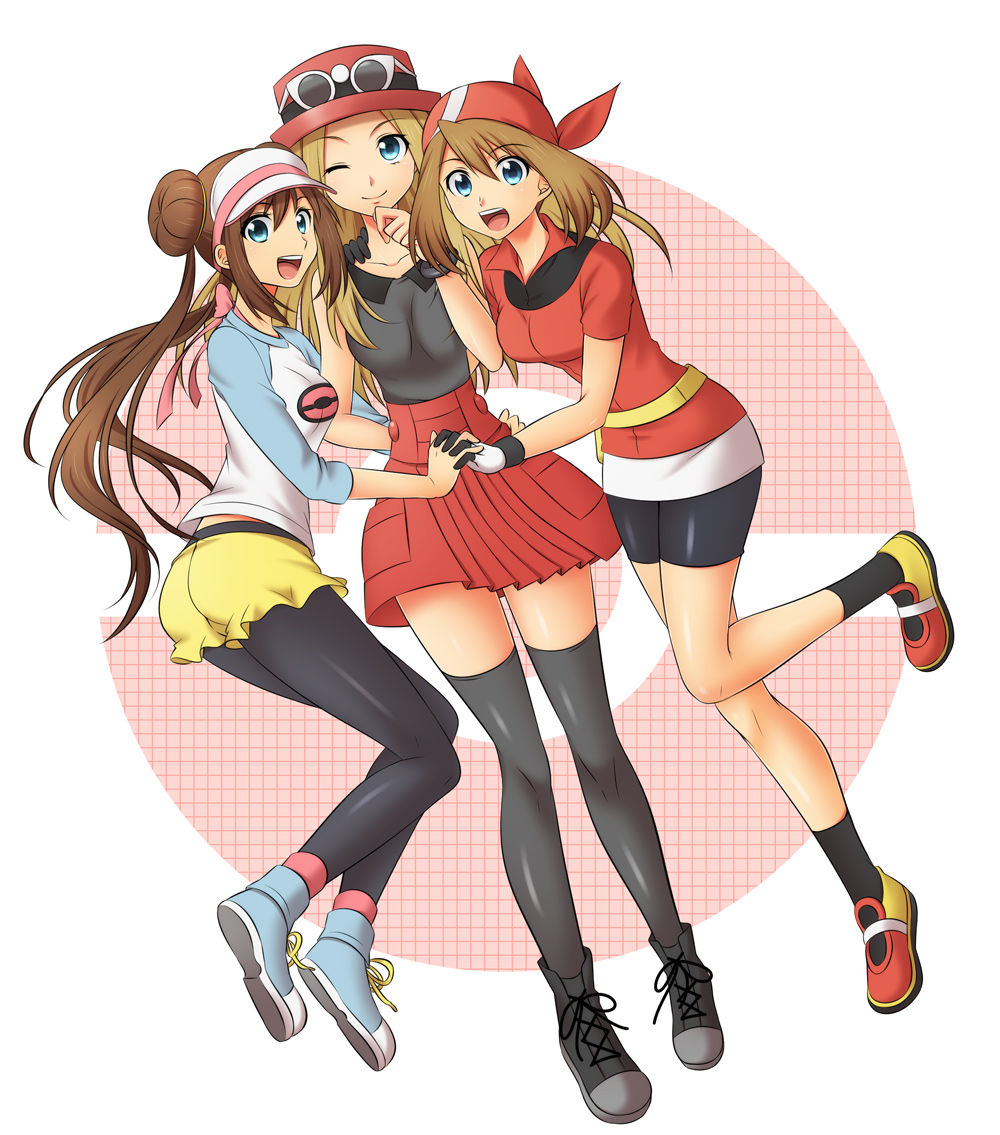 :d, bandana, bike_shorts, black_legwear, blue_eyes, bow, bracelet, breasts, brown_hair, collar, double_bun, gloves, hand_to_own_mouth, haruka_(pokemon), hat, holding_hands, jewelry, long_hair, mei_(pokemon), multiple_girls, one_eye_closed, open_mouth, pantyhose, pleated_skirt, pocket, poke_ball_theme, pokemon, pokemon_(game), pokemon_bw2, pokemon_rse, pokemon_xy, raglan_sleeves, segawa-a, serena_(pokemon), shoes, shorts, skirt, sleeveless, smile, socks, sunglasses, sunglasses_on_head, thighhighs, twintails, visor_cap, wink, zettai_ryouiki