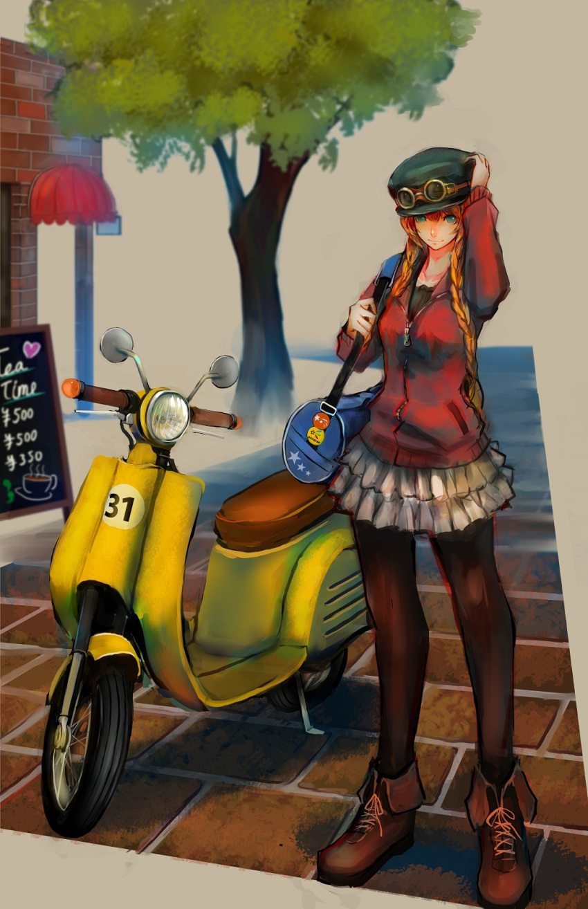 1girl, bag, blue_eyes, boots, braid, cabbie_hat, cafe, duffel_bag, goggles_on_hat, hand_on_headwear, hat, highres, jacket, jittsu, long_hair, motorized_scooter, orange_hair, original, pantyhose, skirt, smile, solo, tree, twin_braids
