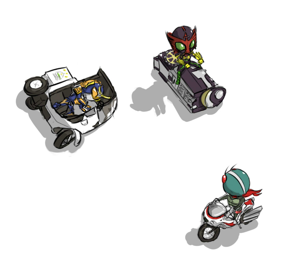 3boys, belt, cyclone_(kamen_rider), kamen_rider, kamen_rider_1, kamen_rider_gaim, kamen_rider_gaim_(series), kamen_rider_ooo