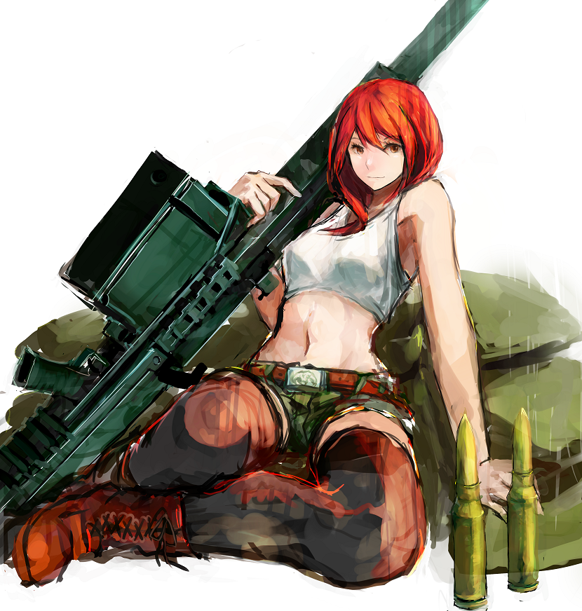 1girl, anti-tank_rifle, belt, black_legwear, boots, brown_eyes, cartridge, crop_top