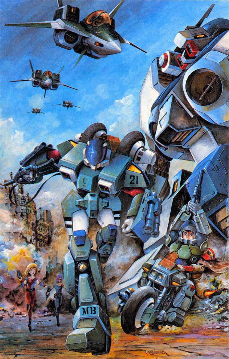 annotation_request, armor, city, genesis_climber_mospeada, gun, handgun, hoquet_et_rose, houquet_et_rose, jim_warston, kikou_souseiki_mospeada, lay, legioss, mecha, military, military_uniform, mint_labule, mospeada, mospeada_(mecha), official_art, oldschool, power_armor, power_suit, production_art, promotional_art, ray_(mospeada), ray_gun, ruins, running, science_fiction, stick_bernard, uniform, weapon, yellow_belmont