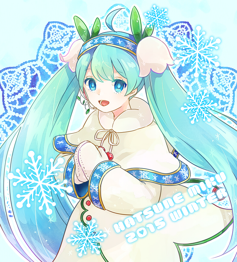 1girl, 2015, ahoge, aqua_eyes, aqua_hair, character_name, circuit58, hatsune_miku, headset, long_hair, mittens, open_mouth, snowflakes, solo, twintails, very_long_hair, vocaloid, yuki_miku