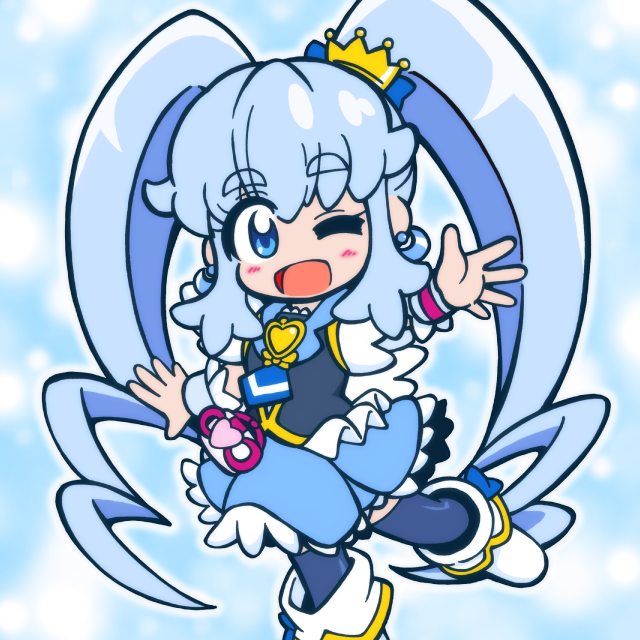 1girl, ;d, black_legwear, blue, blue_background, blue_eyes, blue_hair, blue_skirt